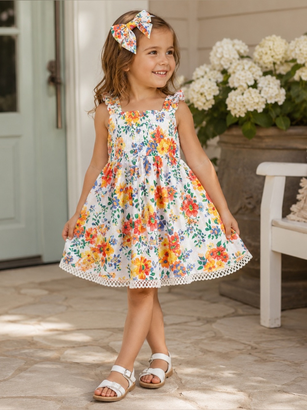 NWT Shabby Chic Kids Cotton White Floral Dress Size 4T With Matching Hair Bow